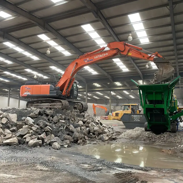 Crushing old concrete floor of warehouse
