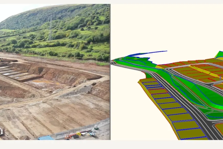 side by side of project earthworks nearing completion and the 3D computer imagery for machine control applications.