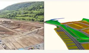 side by side of project earthworks nearing completion and the 3D computer imagery for machine control applications.